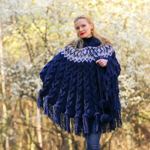 Blue ski wool poncho sweater cable knit Nordic sweater SuperTanya READY TO SHIP image 3