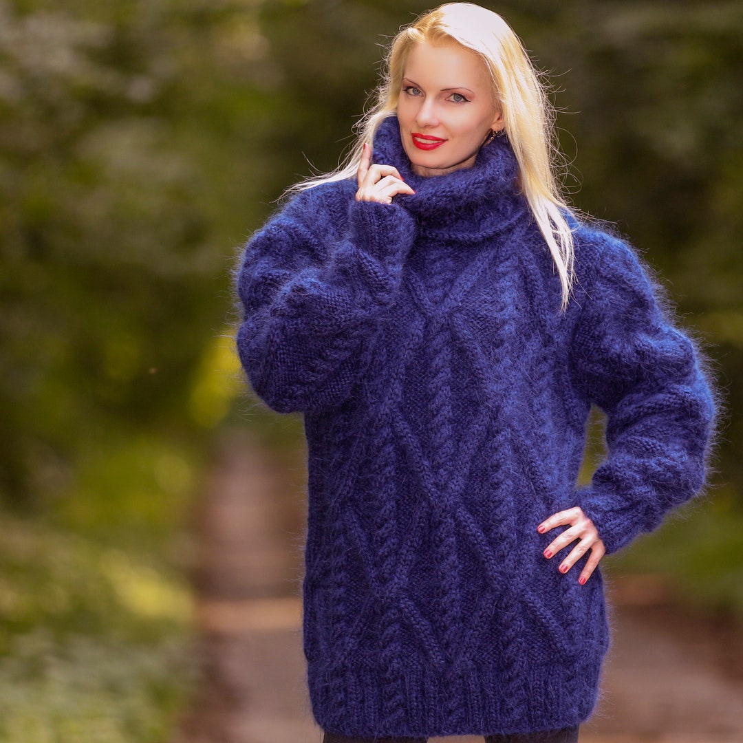 Custom Hand Knitted Mohair Sweater Blue Thick Cable Knit Pullover