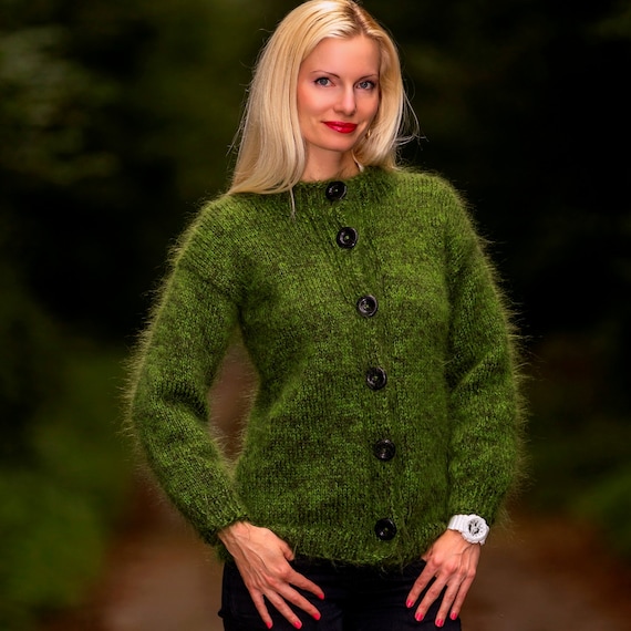 Hand knitted mohair cardigan in green melange by SuperTanya