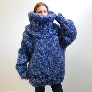 Mega Thick Mohair Sweater Blue Grey Hand Knit Pullover - Etsy