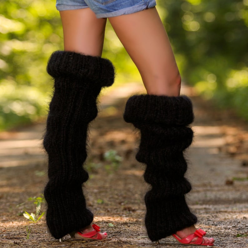 Long Thick Fuzzy Gaiters Hand Knit Mohair Leg Warmers in Black Etsy