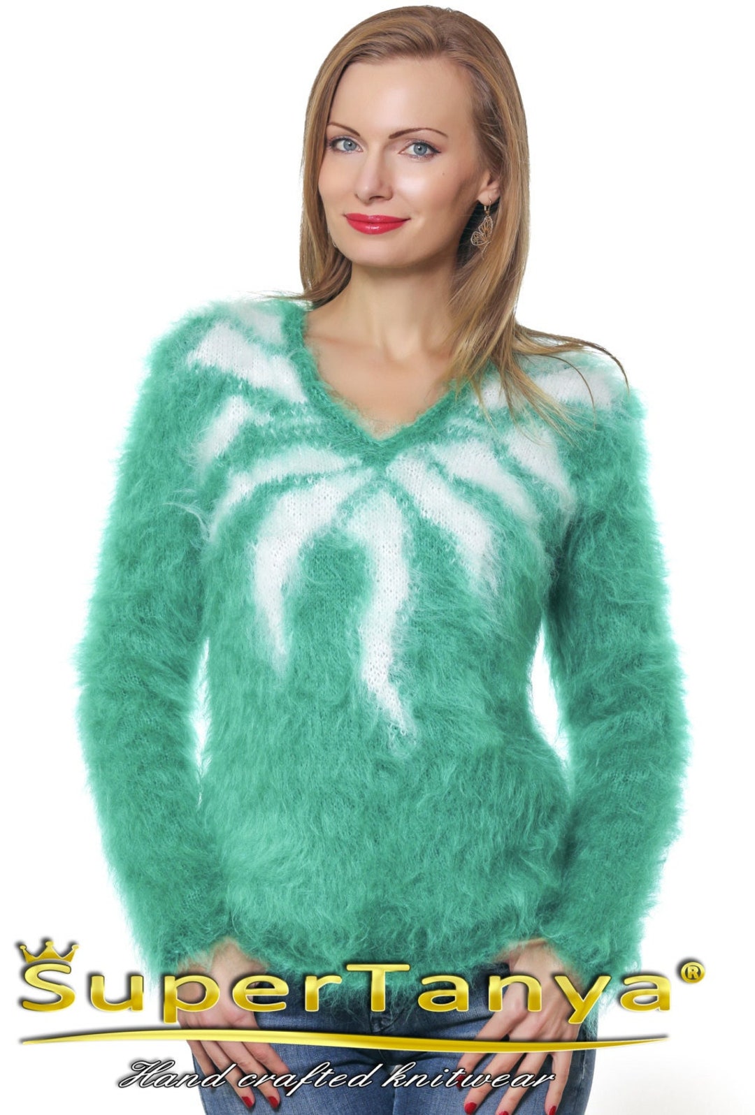 Luxurious Fuzzy Green Mohair Sweater V Neck Fluffy Top By Supertanya