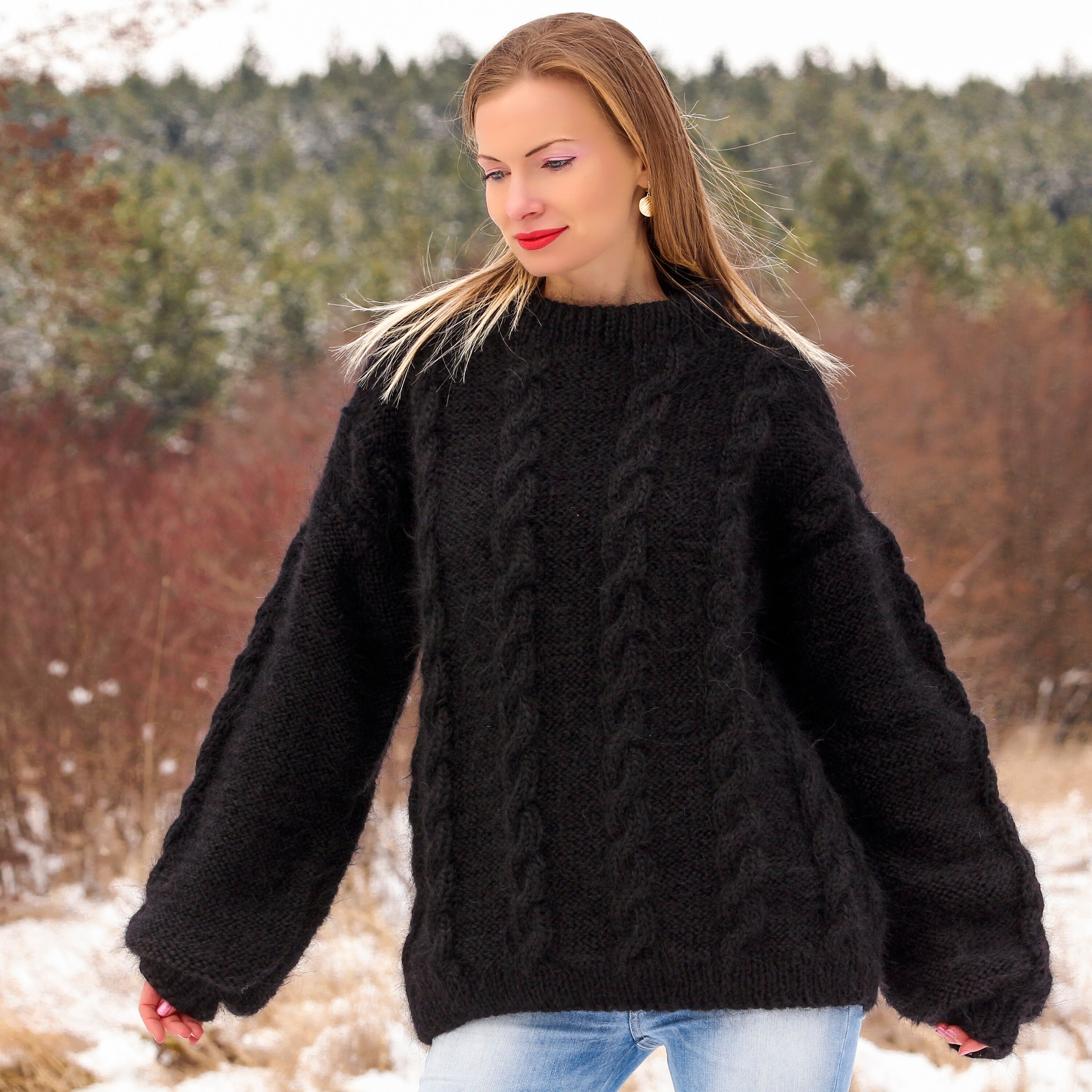 berume　　ハンドニットケーブルプルオーバー　マスタード　モヘヤ SuperTanyaによるケーブルニット厚手モヘアセーターファジーハンド