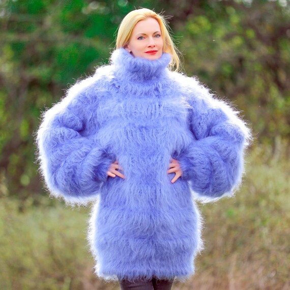 Supertanya Blue Mohair Sweater Hand Knitted Fuzzy Mohair Pullover