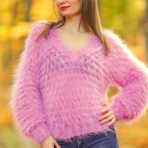 Handmade pink mohair sweater elegant V neck fuzzy mohair pullover Ready to wear, size S-M