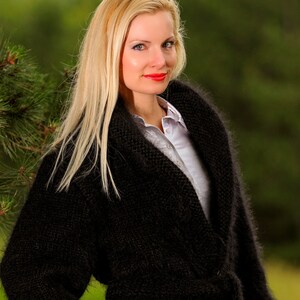 Black mohair sweater coat hand knitted cardigan fuzzy black jacket by SuperTanya image 2