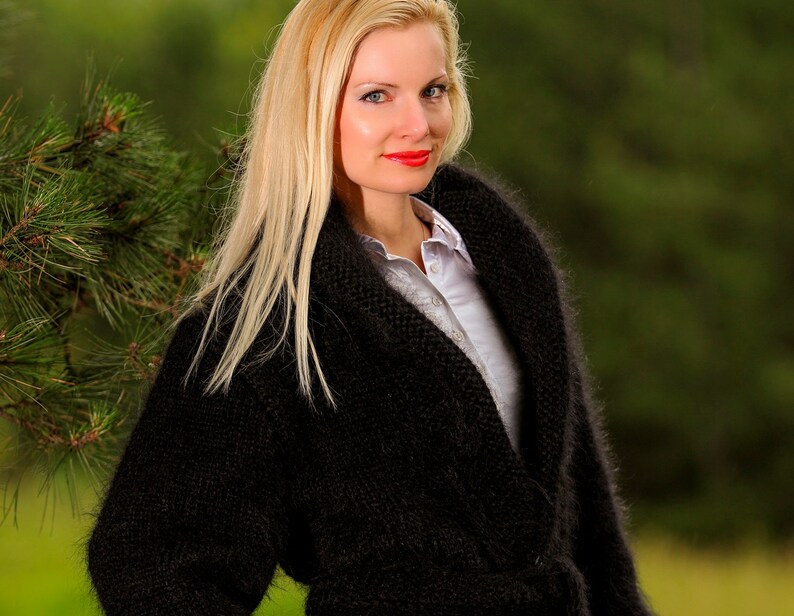 Black mohair sweater coat hand knitted cardigan fuzzy black jacket by SuperTanya image 2