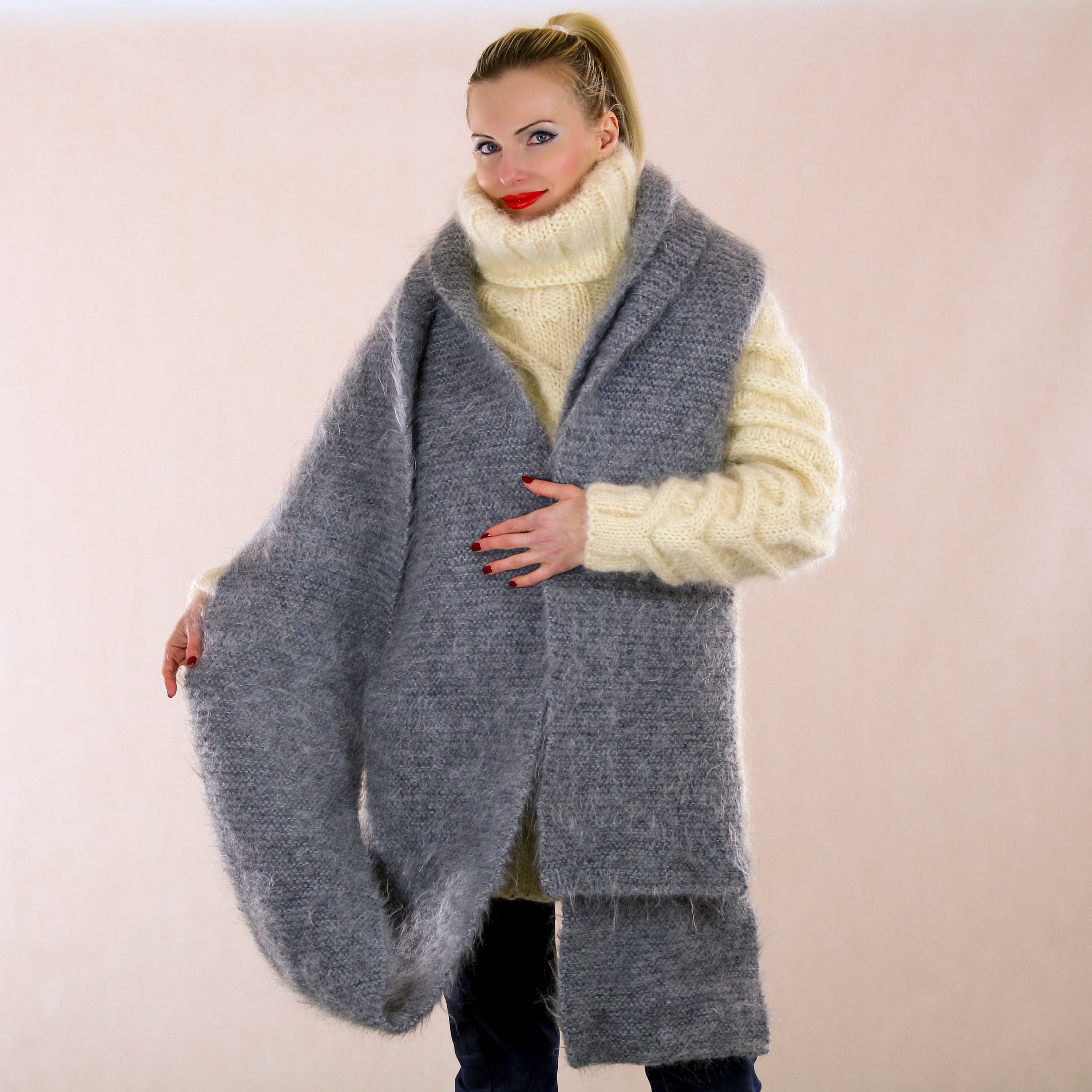 Extra Long Mohair Scarf Hand Knitted Soft Fuzzy Shawl Supertanya