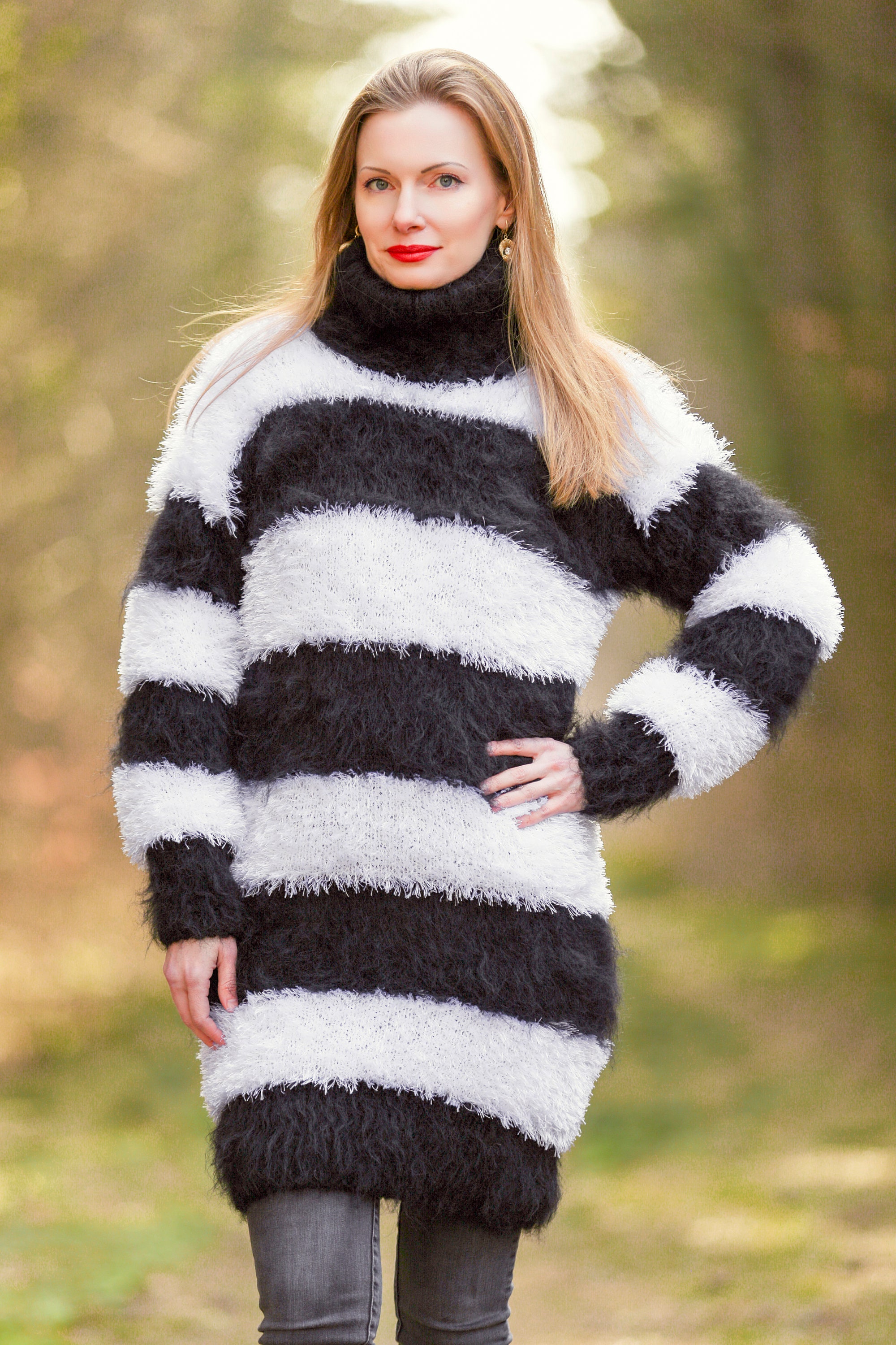 Fuzzy Mohair Decofur Sweater Black White Stripes Jumper by | Etsy