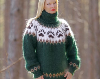 Green Icelandic mohair sweater Nordic jumper pullover with paws by SuperTanya - Ready to Ship - Size L-XL