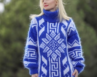 Blue Icelandic mohair sweater Nordic jumper mohair luxurious fuzzy pullover by SuperTanya - Ready to Ship - Size L-XL