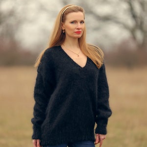 Black mohair sweater thick V neck fuzzy mohair pullover, SuperTanya premium knitwear, Ready to ship, size L