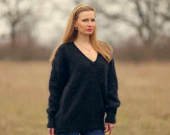 Black mohair sweater thick V neck fuzzy mohair pullover, SuperTanya premium knitwear, Ready to ship, size L-XL