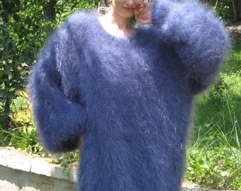 Denim blue mohair sweater dress fuzzy hand knitted slouchy crewneck tunic by SuperTanya