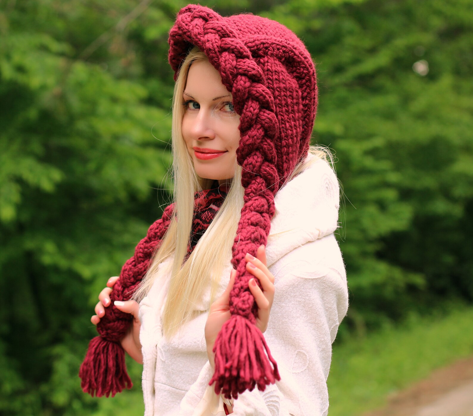 Designer Cable Knit Hat With Braids Hand Knitted Unique Wool - Etsy