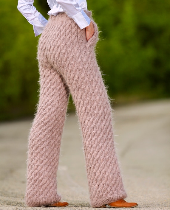 Cable Knit Thick Mohair Pants Hand Knitted Fluffy Trousers Soft