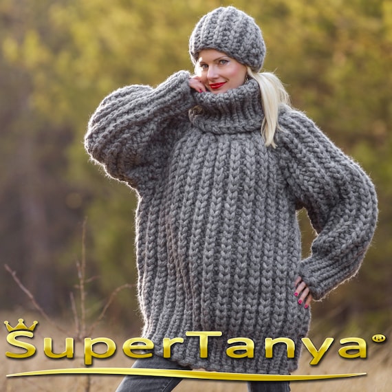 メガ厚いと重い手ニットモヘアウールセーターグレーSuperTanya ...