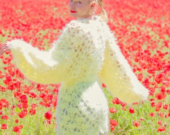 Yellow merino wool fluffy cardigan, slouchy floral knit summer top, Ready to ship, size L-XL, SuperTanya Designer knitwear