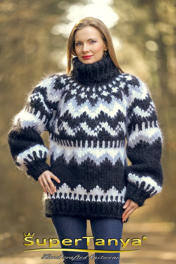 Black Thick Icelandic Mohair Sweater Hand Knitted Nordic Pullover