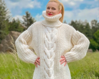 White wool sweater thick natural 100 % soft wool pullover- ready to ship - XL- XXL  size *** 2.3 KG ***