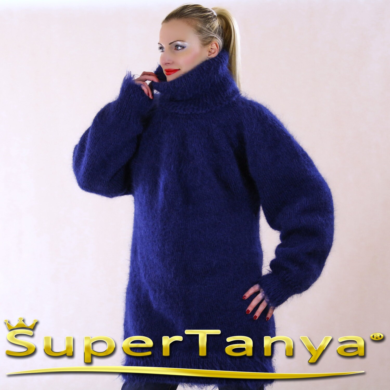 Made to Order Hand Knit Thick Mohair Sweater in Deep Blue