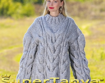 Cable knit grey wool pullover chunky thick hand knitted jumper by SuperTanya