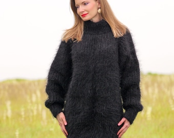 SuperTanya black mohair sweater handmade thick fuzzy turtleneck winter pullover, Ready to Ship, Size L-XL