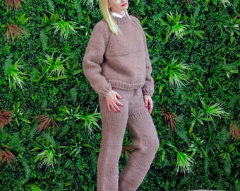 100% wool knitted set, hand knitted sweater and pants, chunky wool set, warm knitwear set, handmade wool outfit, made to order