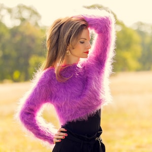 Cropped mohair sweater top hand knitted short jumper long sleeves cropped fuzzy pullover by SuperTanya, made to order