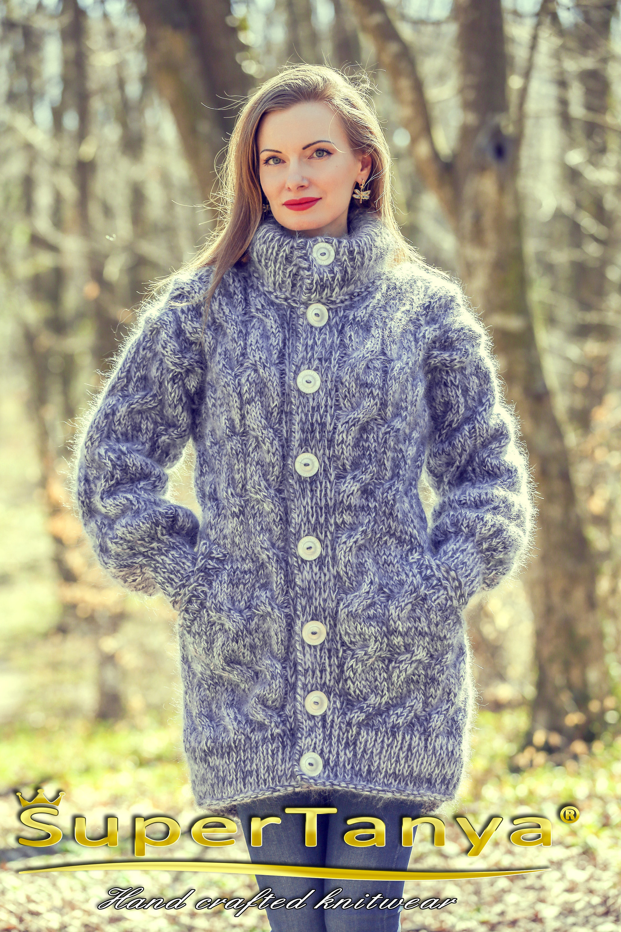 Thick Winter Mohair Cardigan, Fuzzy Cable Knit Mohair