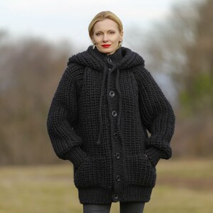 SuperTanya black wool cardigan mega thick sweater chunky ribbed pattern hoodie coat Ready to Ship size XL 3.7 KG image 2