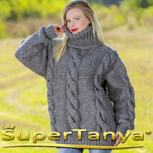 Gray mohair wool sweater hand knitted thick pullover turtleneck jumper by SuperTanya