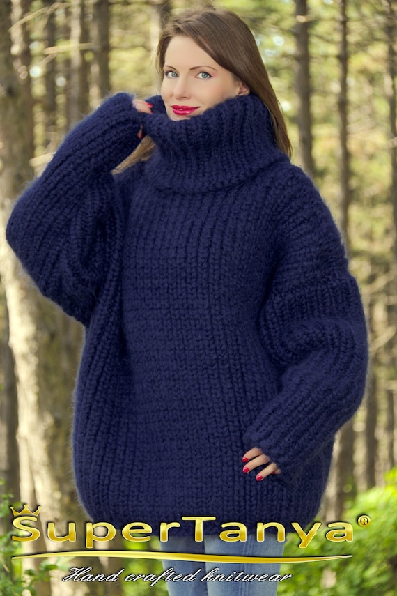 Thick blue ribbed SuperTanya mohair sweater fuzzy handmade jumper hand knitted with 10 strands mohair by SuperTanya