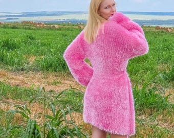 Fuzzy shawl collar cardigan in pink, SuperTanya luxury knitwear, Ready to Ship, size M-L size