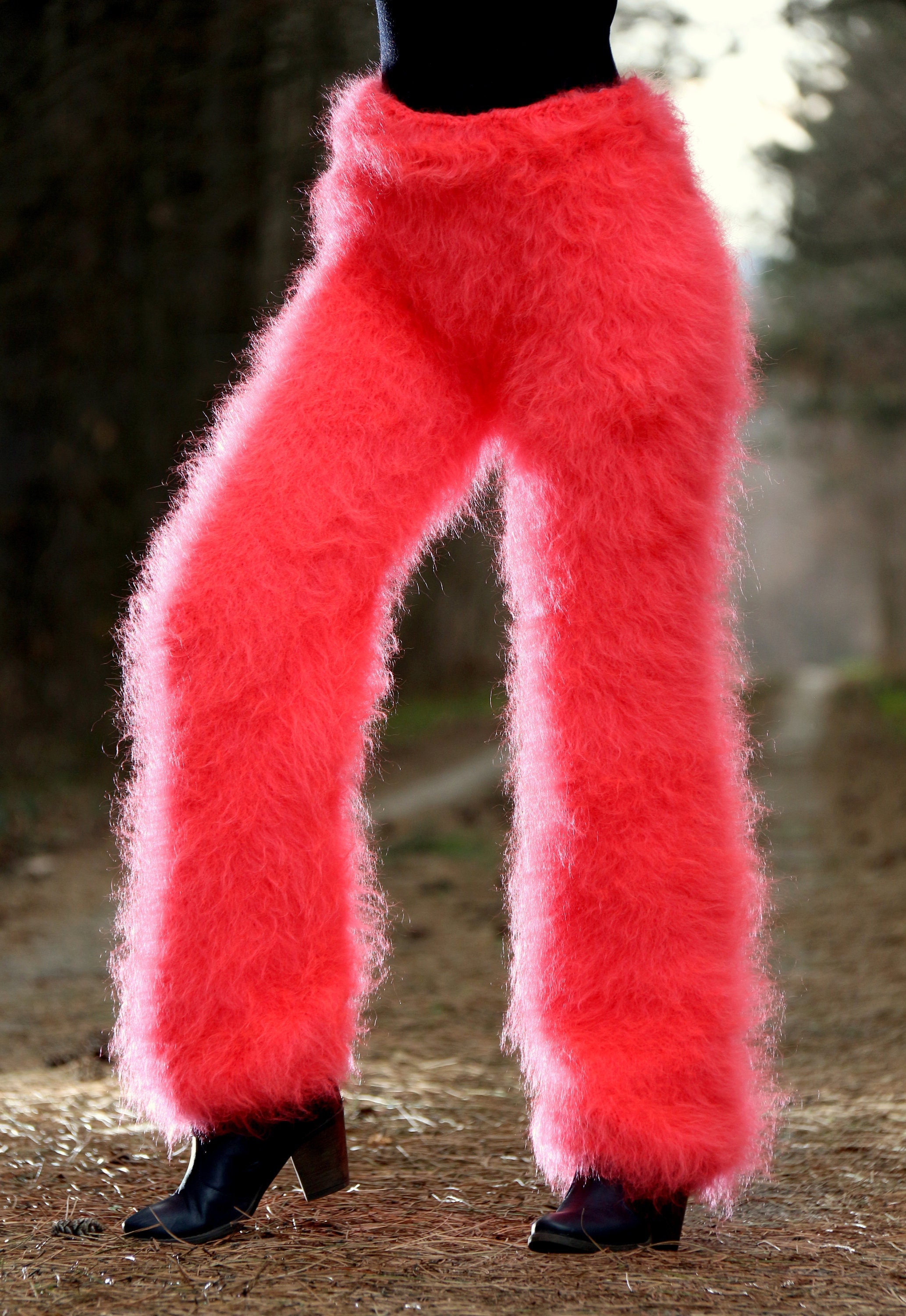 Neon Red Coral Mohair Pants Hand Knitted Fuzzy Trousers