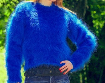 Blue Cropped Mohair Sweater Short Fuzzy Mohair Pullover by