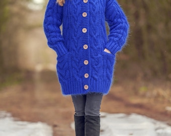 Blue Mohair Cardigan Long Sweater Jacket Designer Knitted Coat