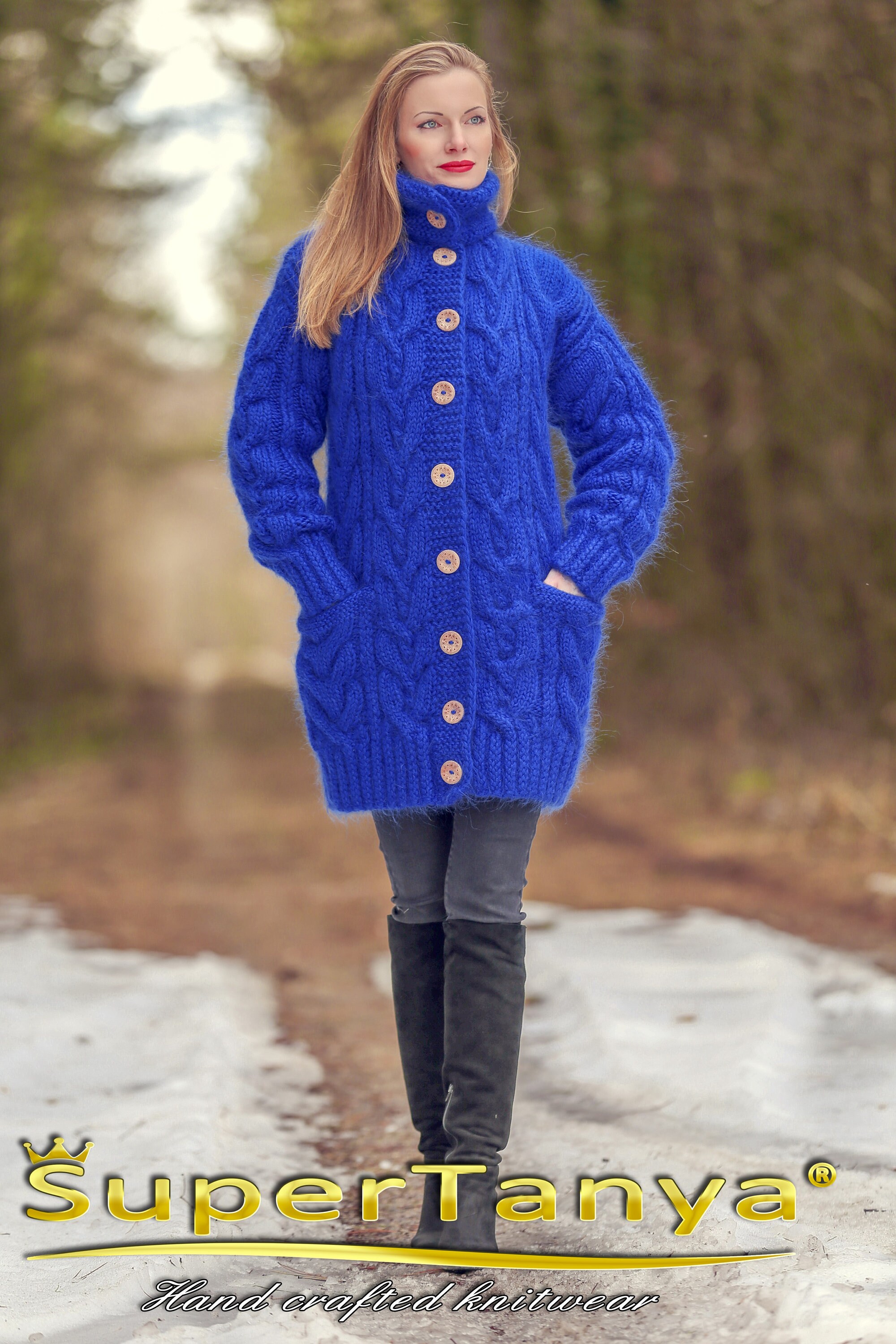 Blue Mohair Cardigan Long Sweater Jacket Designer Knitted Coat