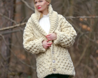 Extra Chunky Knit Cardigan Coat, Honeycomb Wool Mohair Sweater, Ivory white Oversized Jacket - MADE to ORDER, SALE