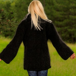 Black mohair sweater coat hand knitted cardigan fuzzy black jacket by SuperTanya image 5