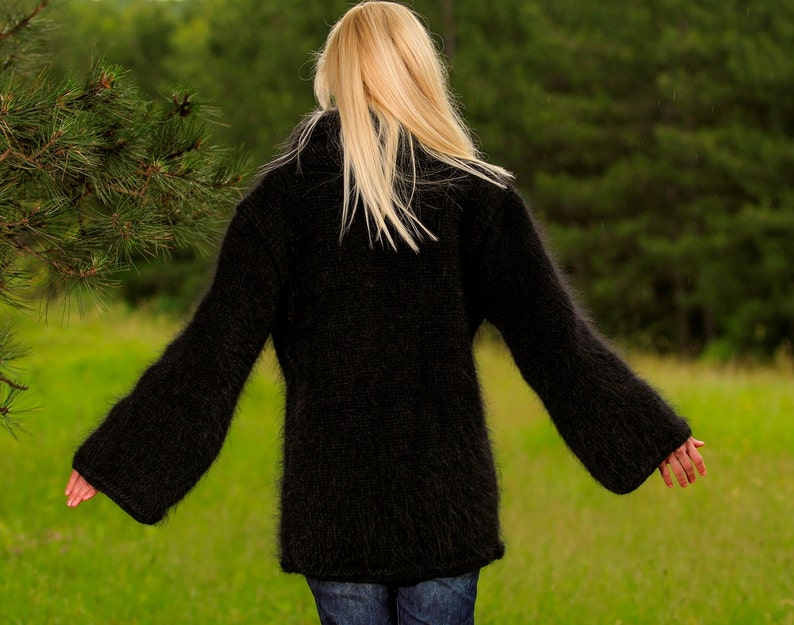 Black mohair sweater coat hand knitted cardigan fuzzy black jacket by SuperTanya image 5
