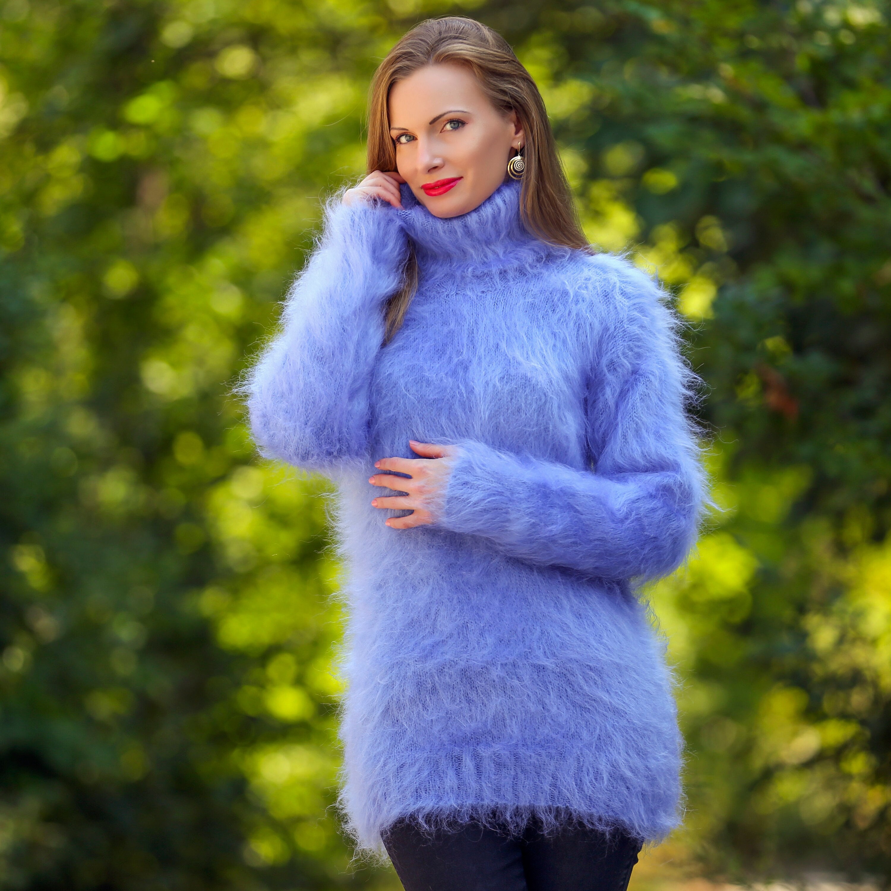 SuperTanya ブルー モヘア セーター ふわふわ チュニック 手編み