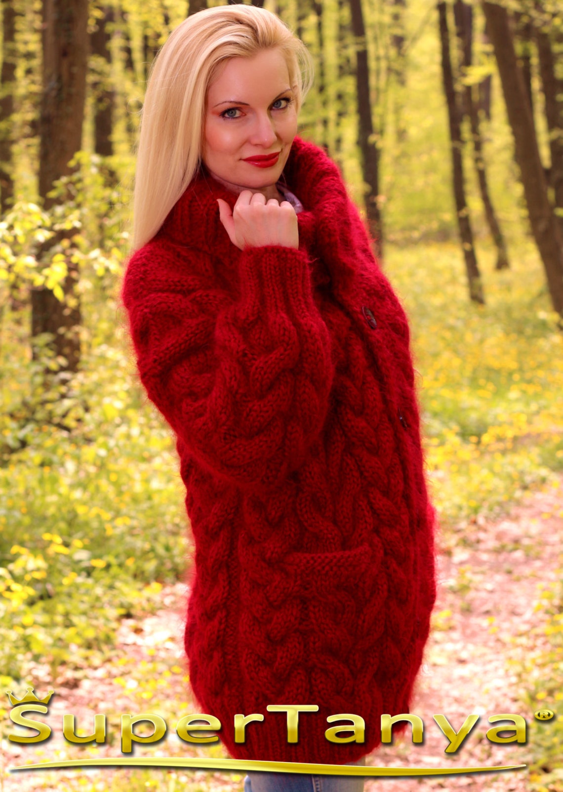 Made to Order Hand Knit Mohair Cardigan in Red Fuzzy Cable Etsy