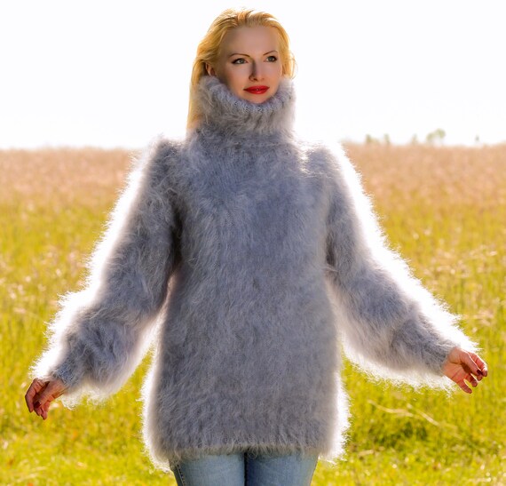 Thick Fuzzy Mohair Sweater Hand Knitted Pullover Turtleneck Jumper