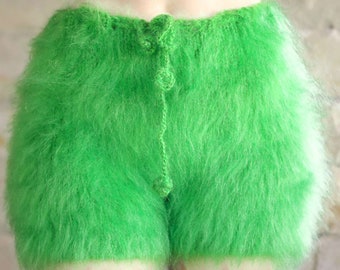 Fuzzy green mohair shorts fluffy short pants by SuperTanya - ready to ship, one size