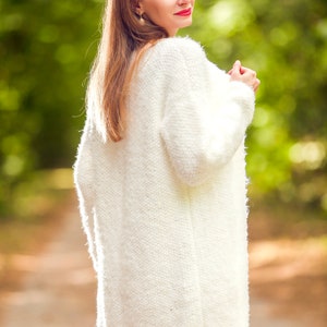 Elegant white wedding fluffy cardigan bridal fuzzy sweater hand knitted warm coatigan by SuperTanya image 9