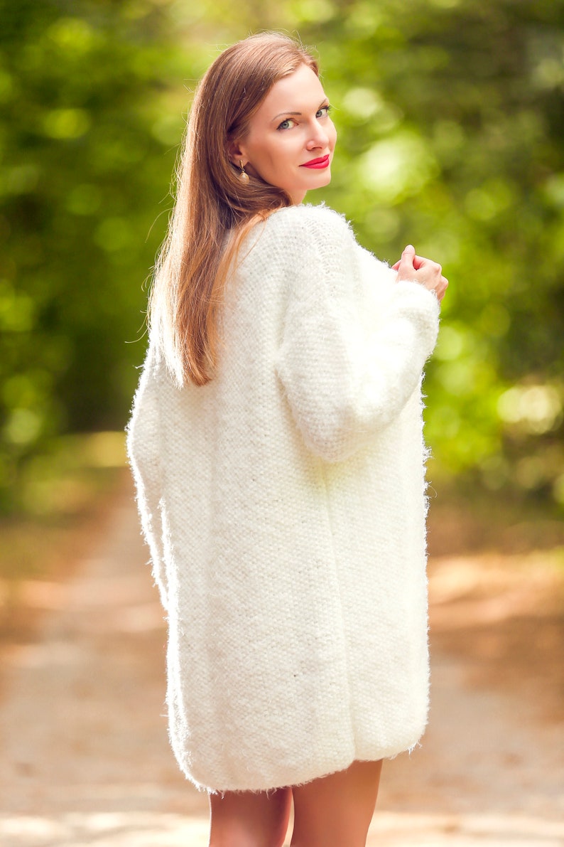 Elegant white wedding fluffy cardigan bridal fuzzy sweater hand knitted warm coatigan by SuperTanya image 9