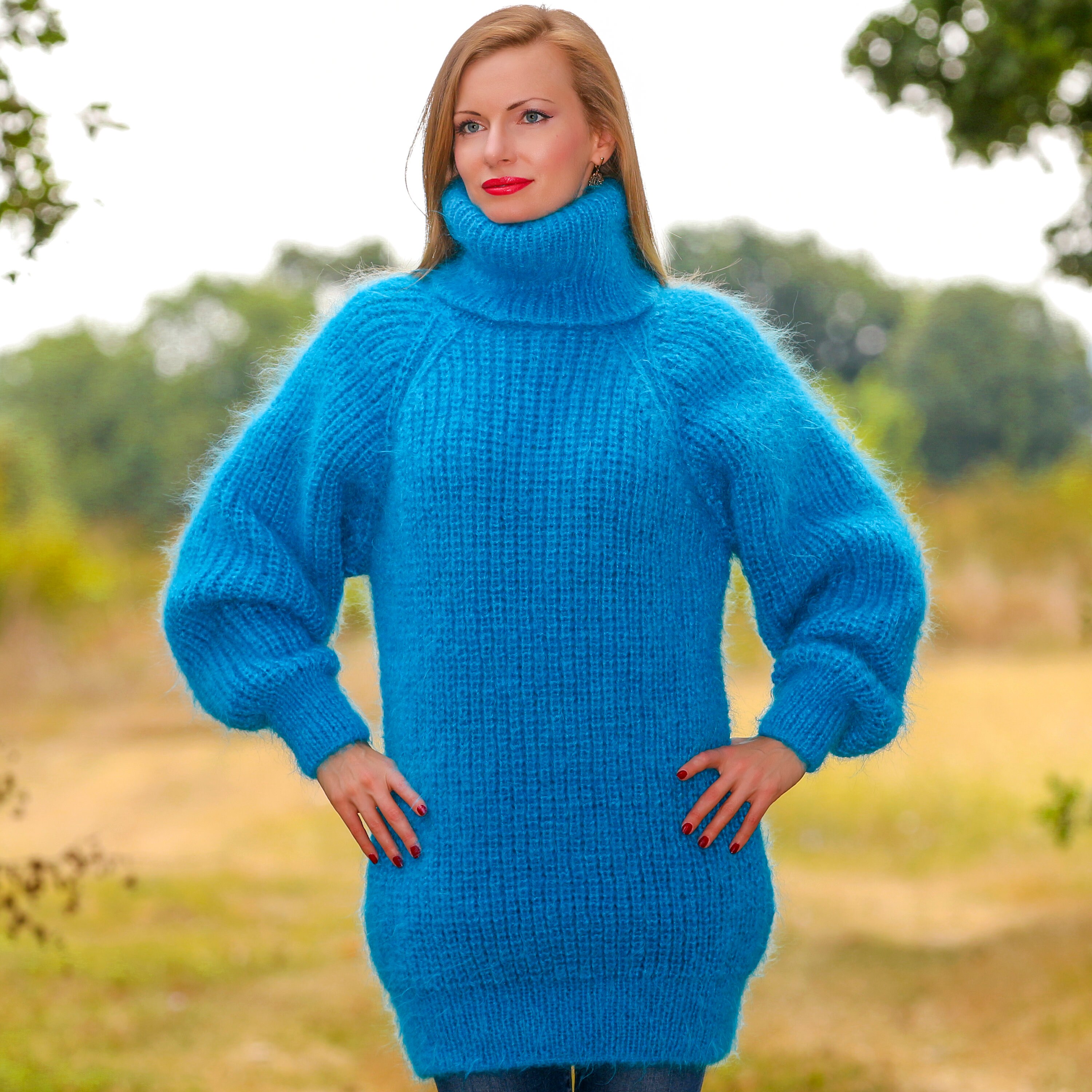 SuperTanyaによるリブ編みモヘアセーター手編みファジーモヘアプル