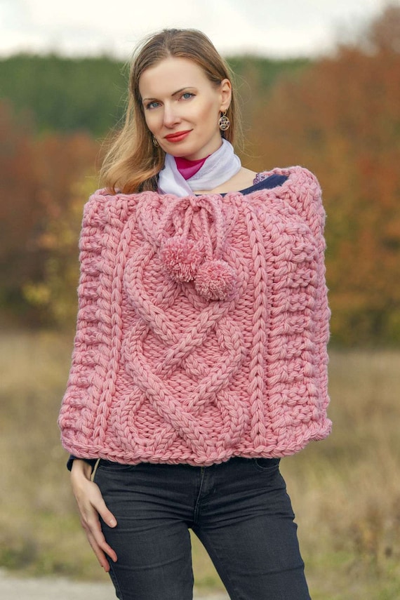 ウール ケーブル編み ニットトップス ポンチョ 手編み