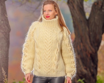 SuperTanya ivory mohair sweater, thick cable mohair pullover ready to ship size S-M